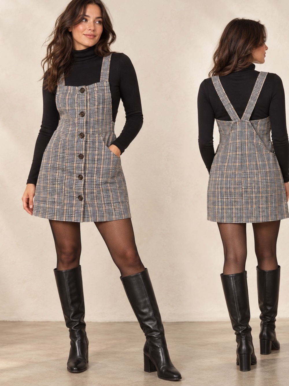 Rampage Plaid Cross-Back Button Front Pinafore Mini Dress L